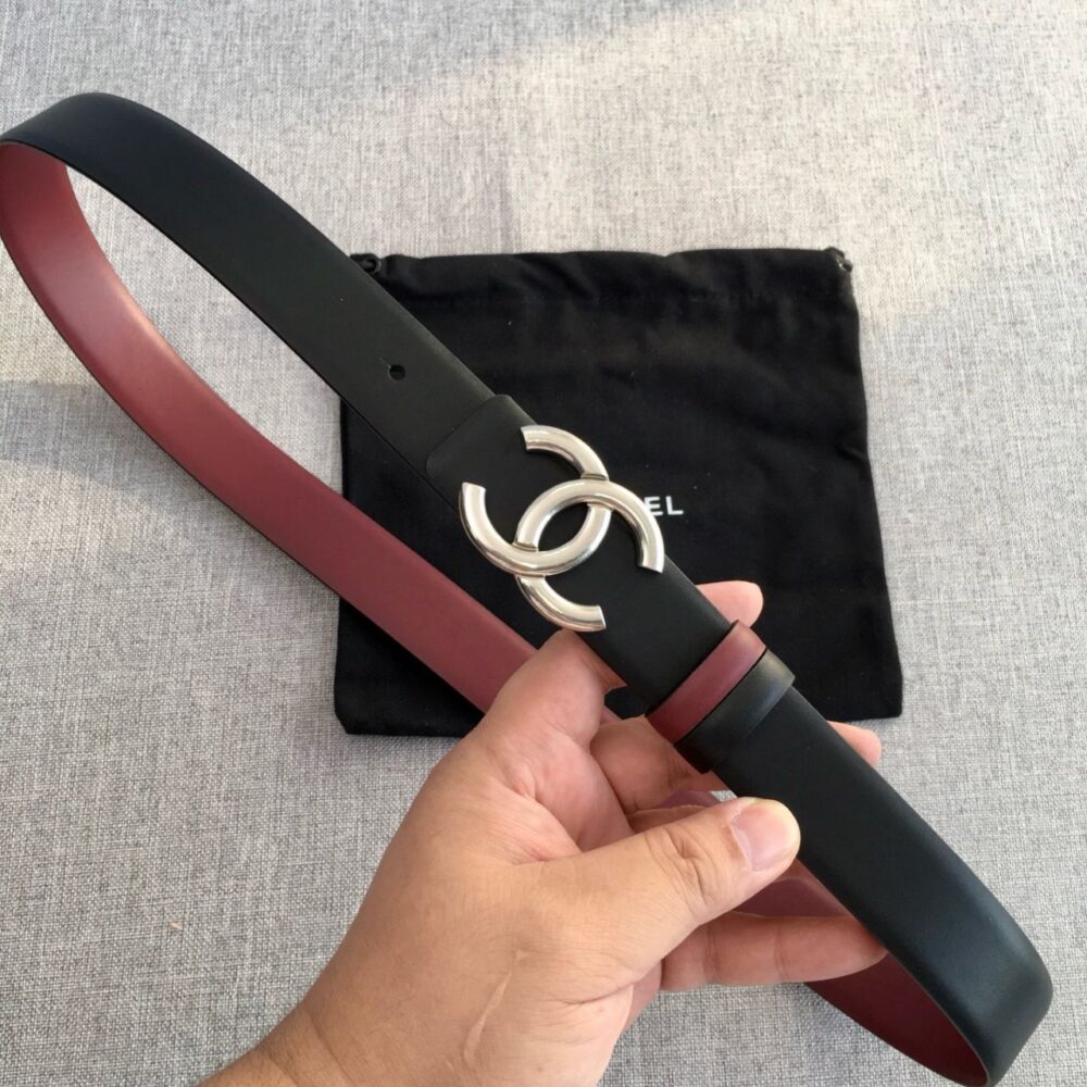 Alternative view of Chanel CC Logo Reversible Leather Belt Black Burgundy Silver Buckle 3Cm