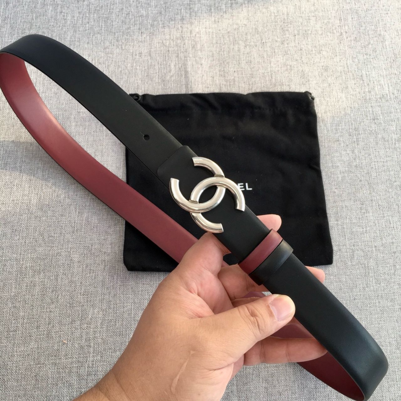 Chanel CC Logo Reversible Leather Belt Black Burgundy Silver Buckle 3Cm - Image 2