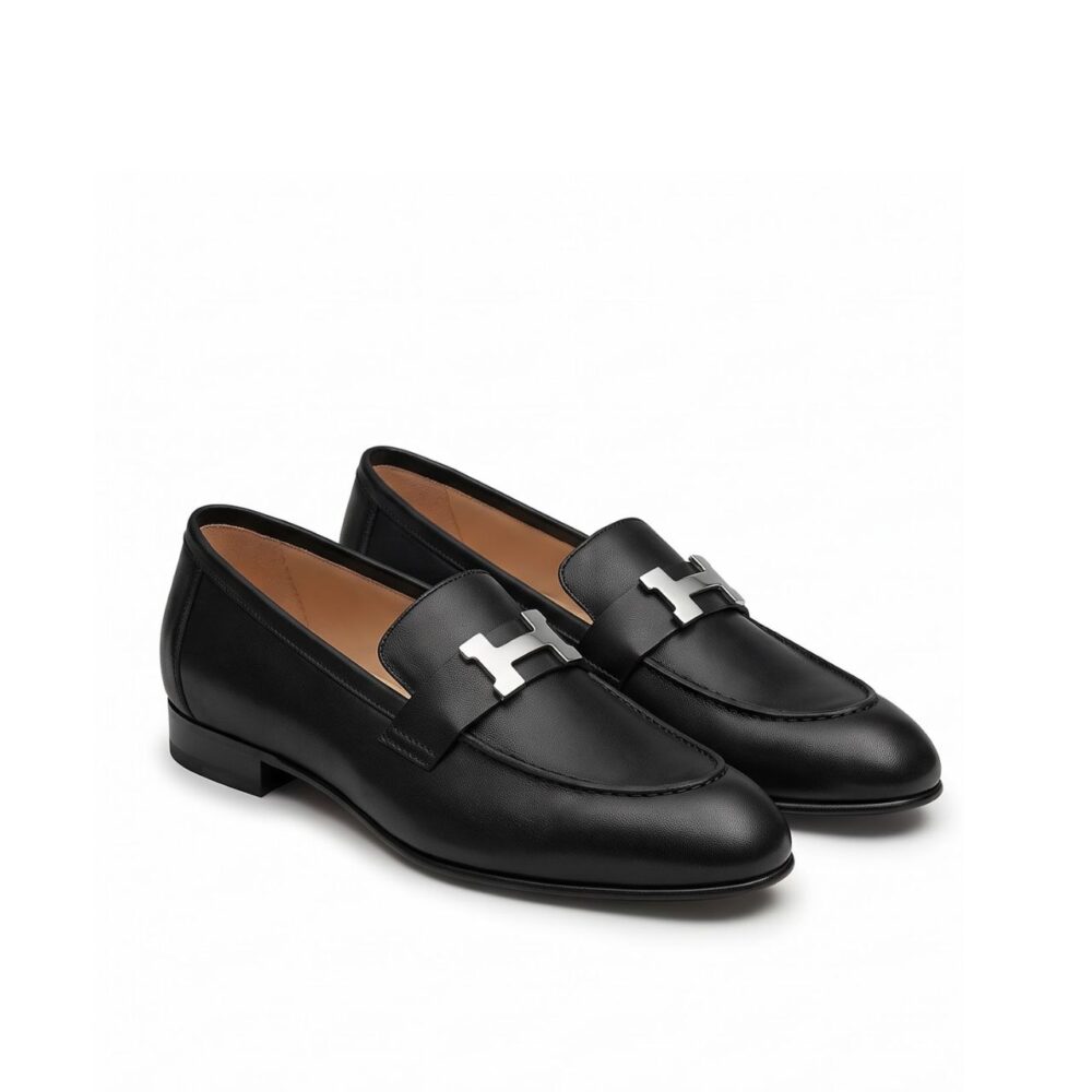 Hermes Paris Loafers H Buckle Black Silver