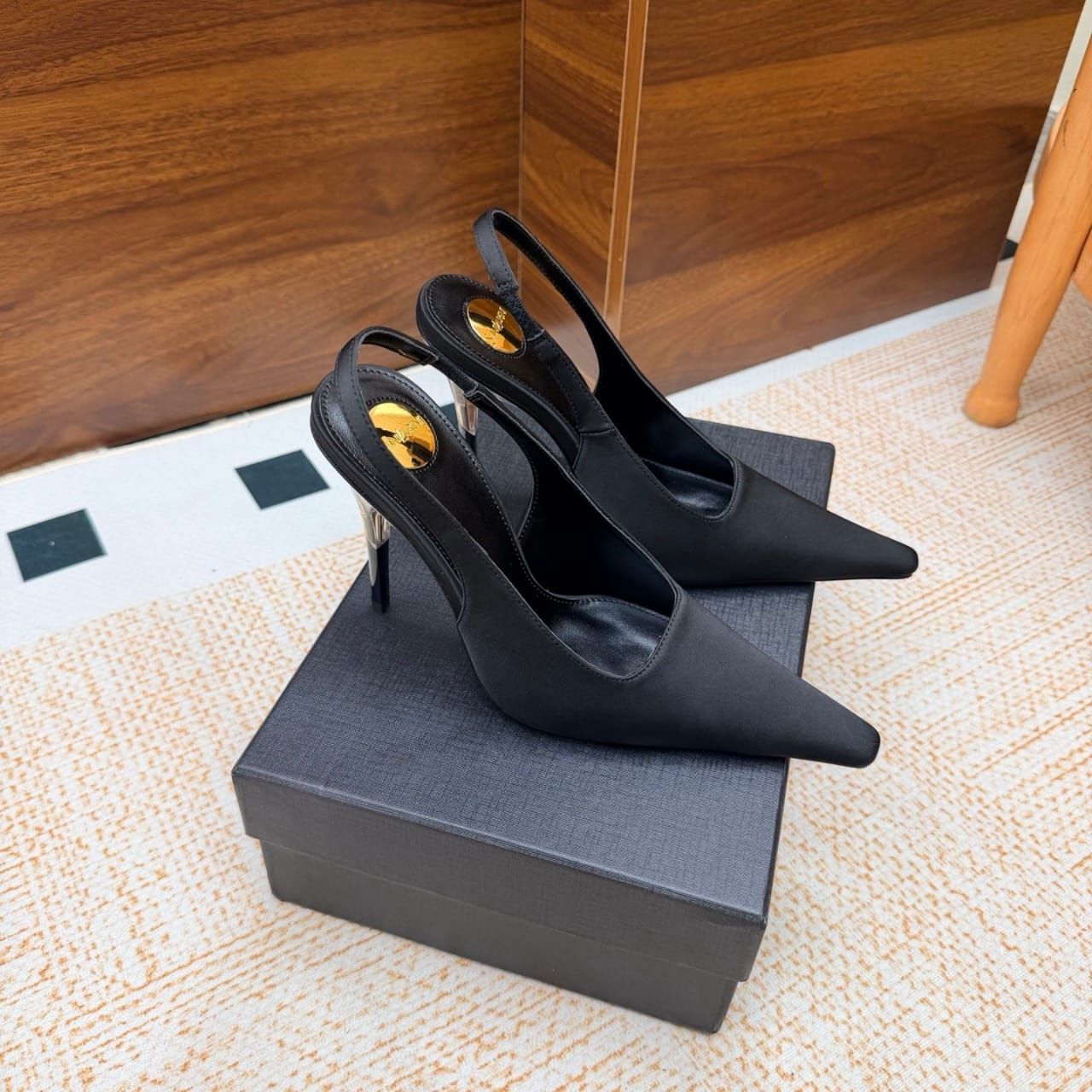 Saint Laurent Goya Slingback Pumps In Satin Crepe Black A0085V9QNAG1000 - Image 11