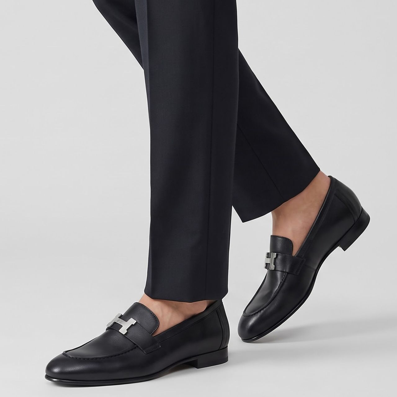 Hermes Paris Loafers H Buckle Black Silver - Image 2