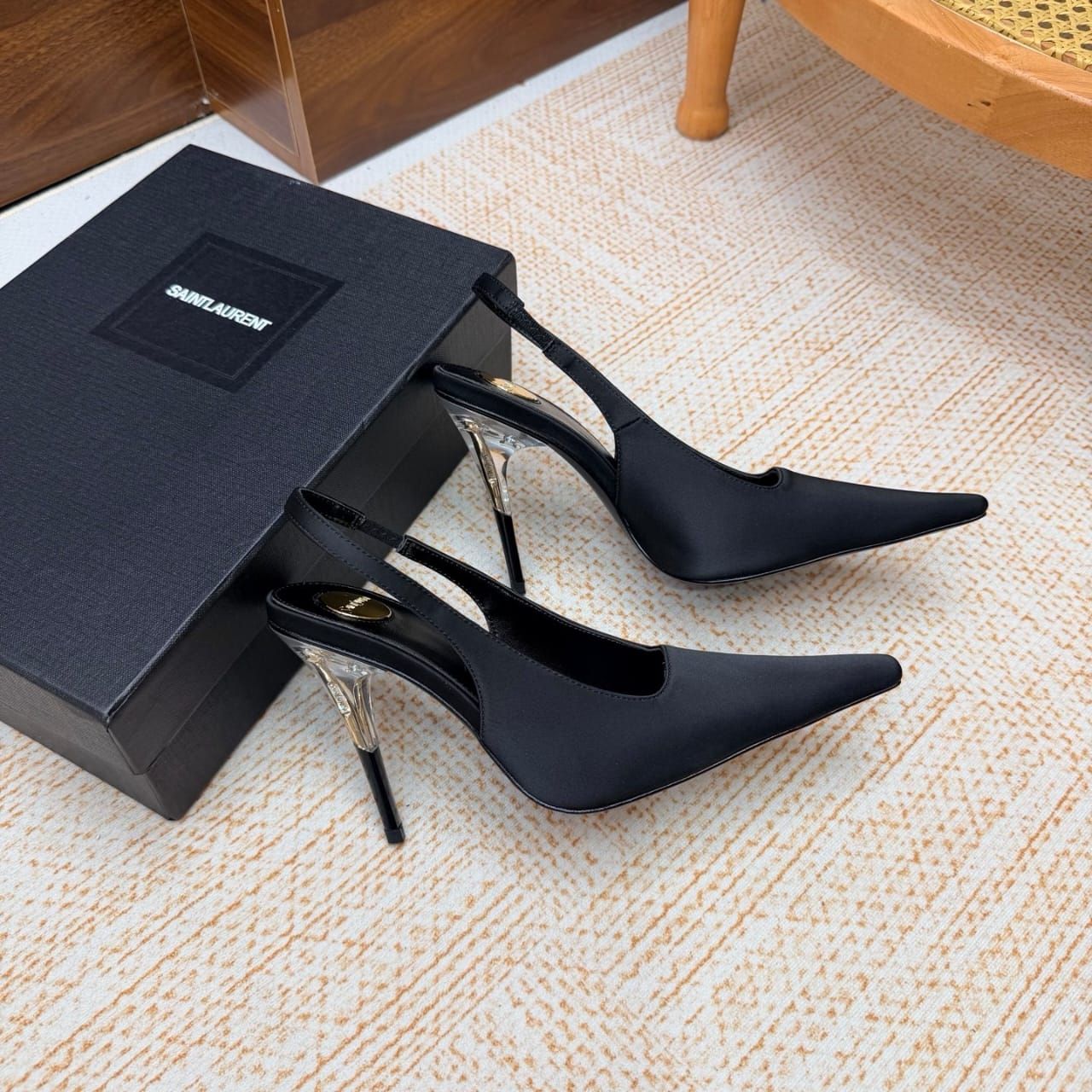 Saint Laurent Goya Slingback Pumps In Satin Crepe Black A0085V9QNAG1000 - Image 10