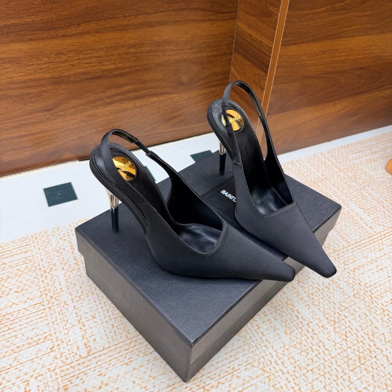 Saint Laurent Goya Slingback Pumps In Satin Crepe Black A0085V9QNAG1000 - Image 9