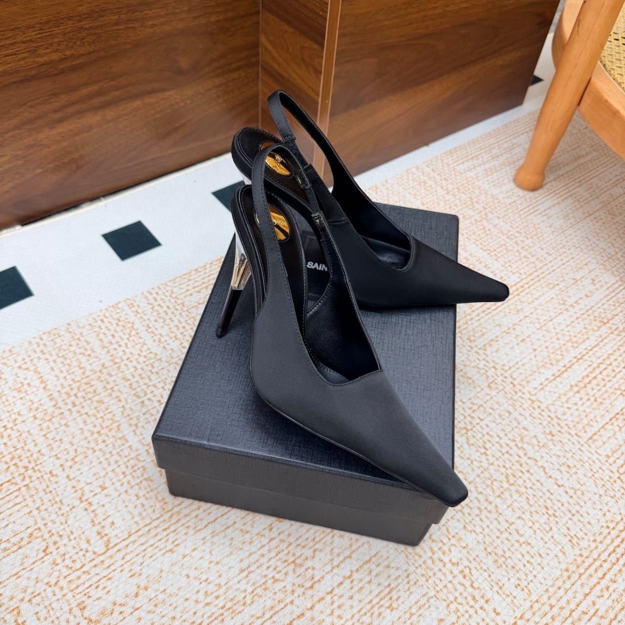 Saint Laurent Goya Slingback Pumps In Satin Crepe Black A0085V9QNAG1000 - Image 8