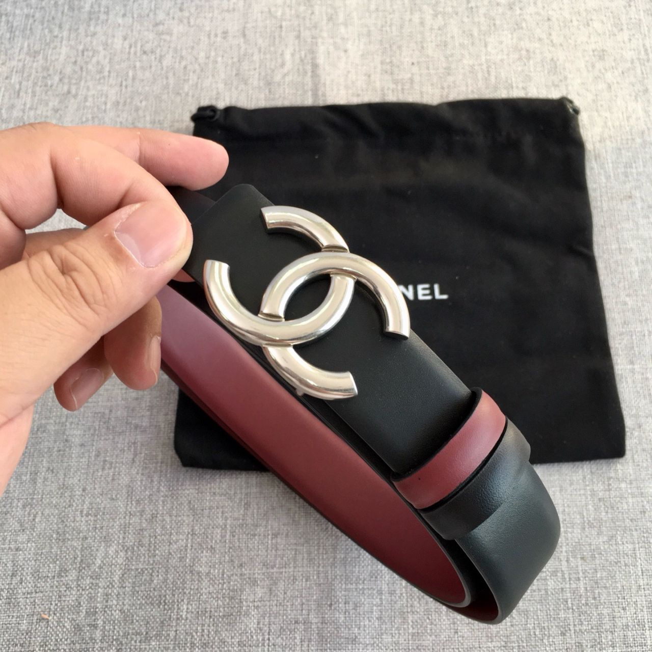 Chanel CC Logo Reversible Leather Belt Black Burgundy Silver Buckle 3Cm - Image 7