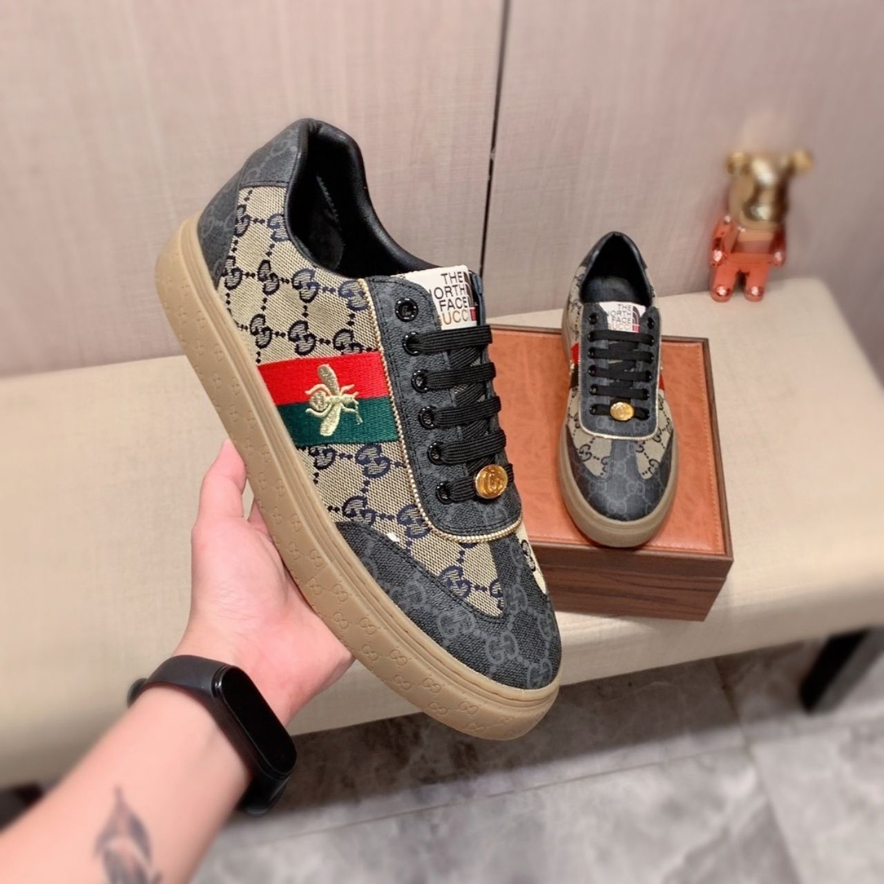 Gucci The North Face GG Monogram Low Top Sneakers Dark Grey - Image 3