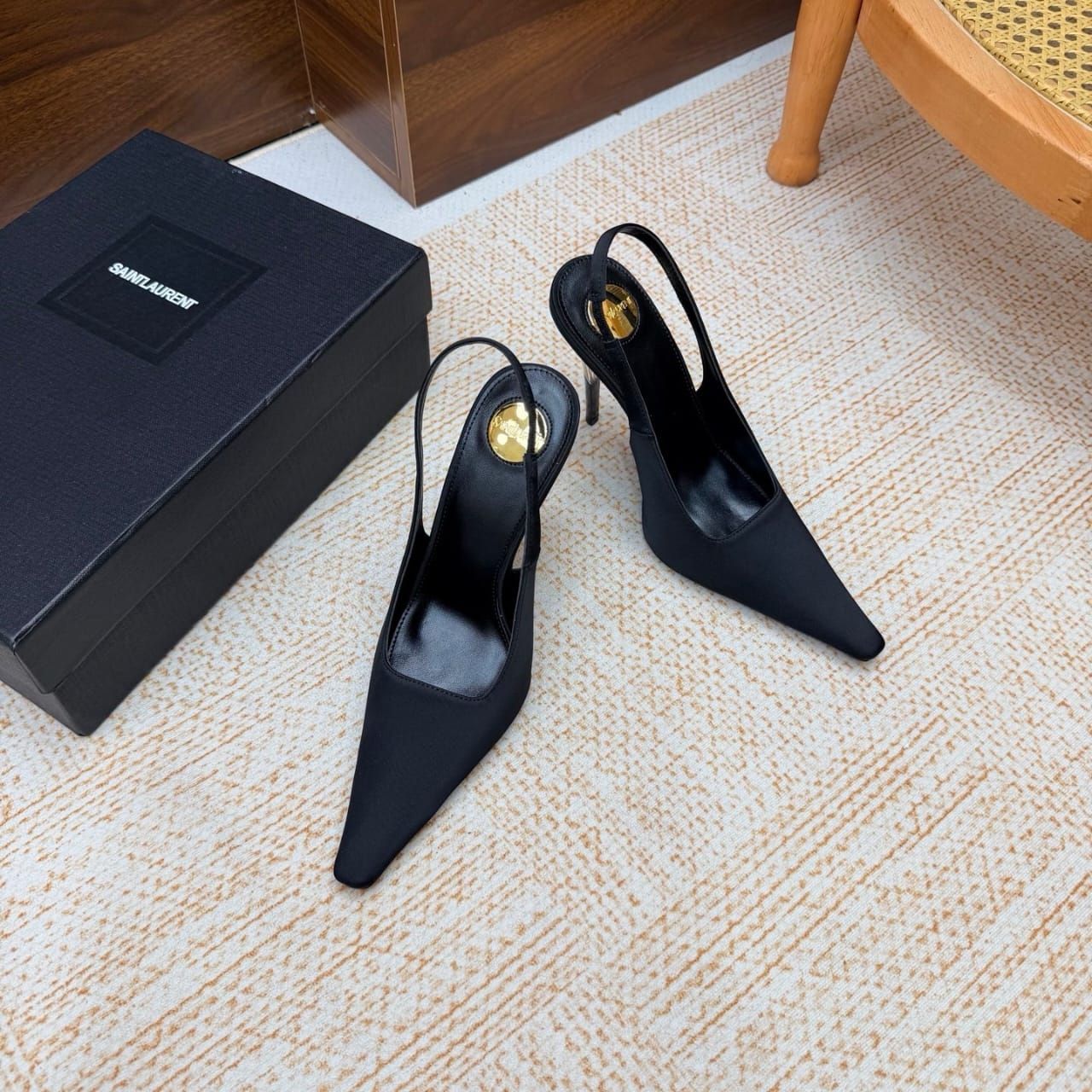 Saint Laurent Goya Slingback Pumps In Satin Crepe Black A0085V9QNAG1000 - Image 7