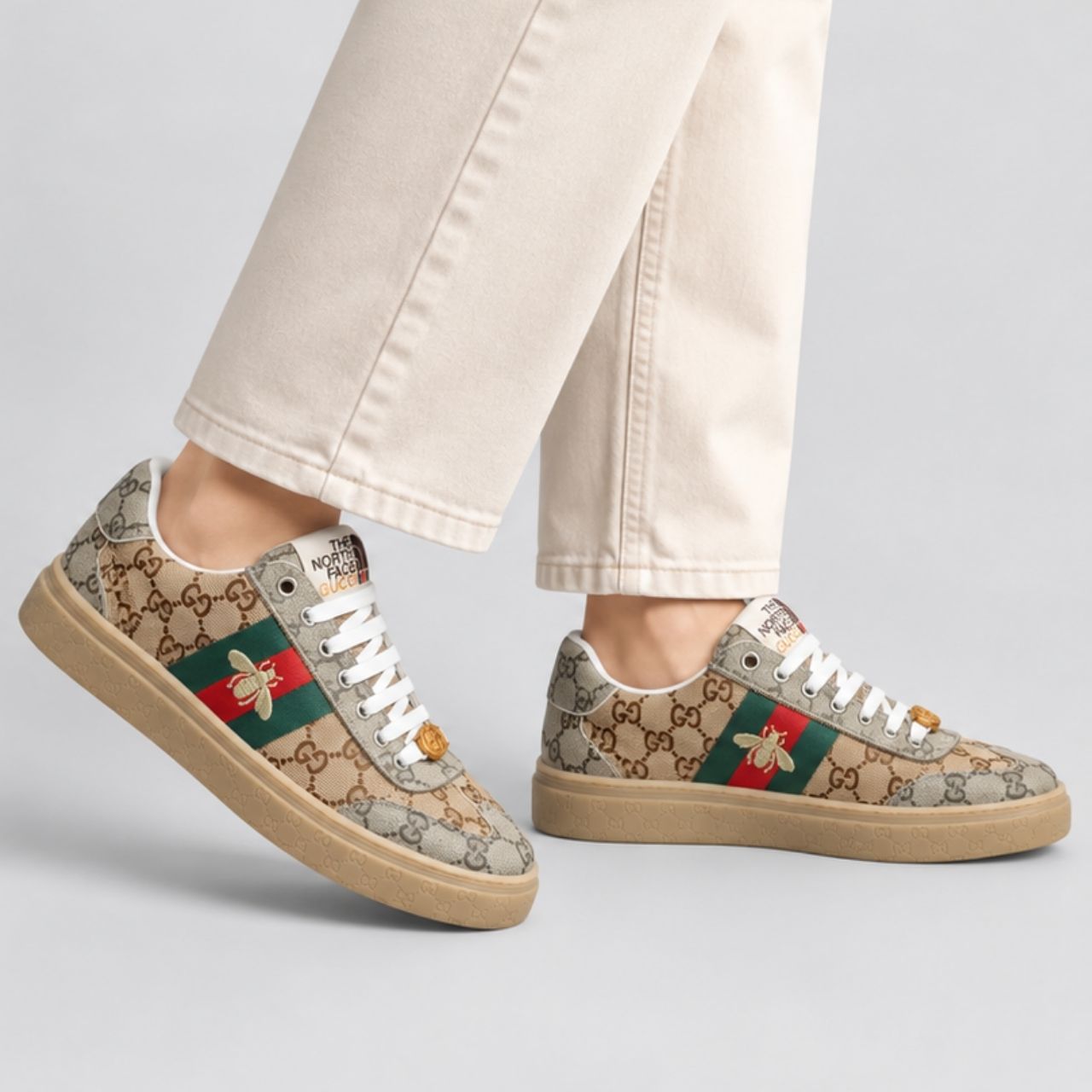 Gucci The North Face GG Monogram Low Top Sneakers Beige Brown - Image 2