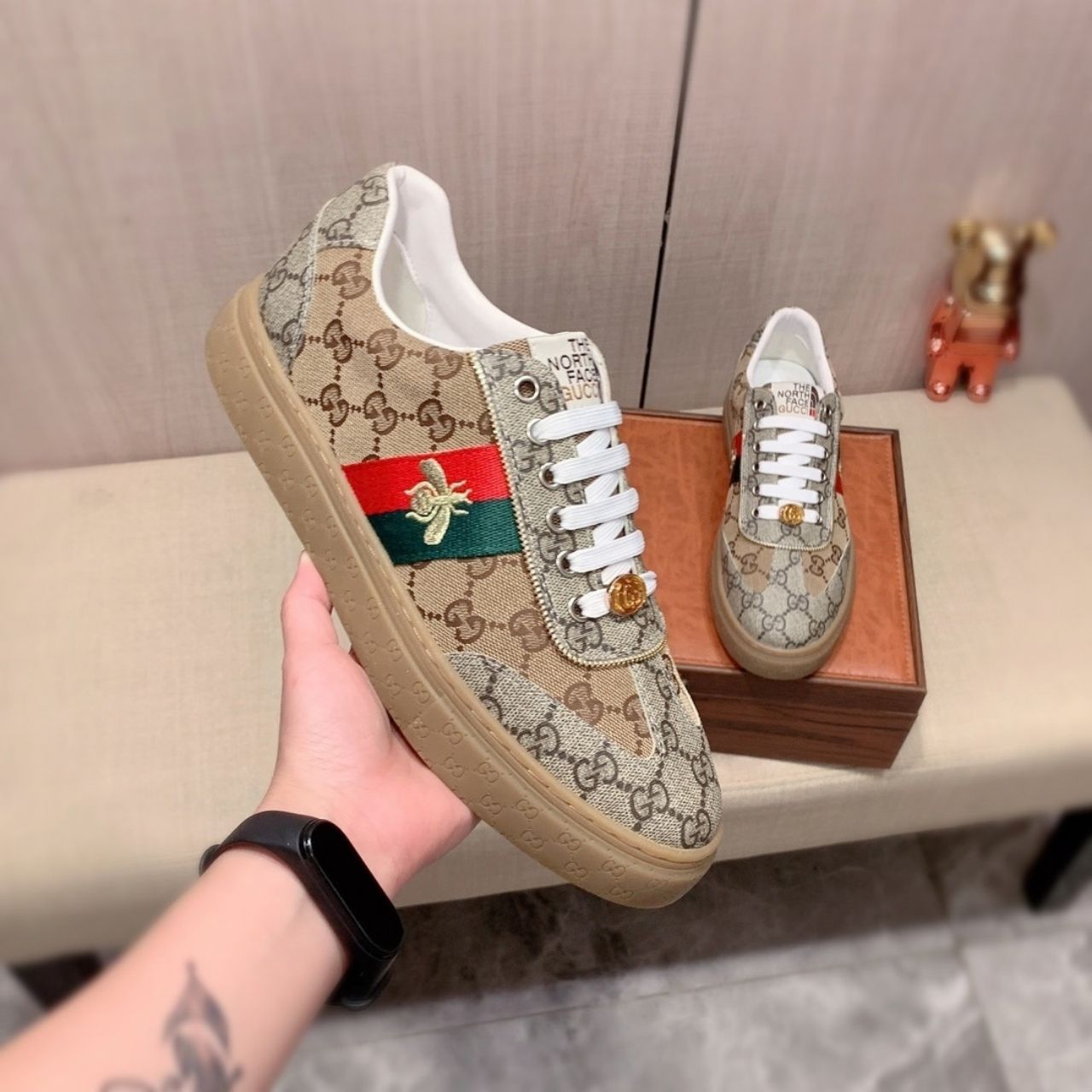 Gucci The North Face GG Monogram Low Top Sneakers Beige Brown - Image 3