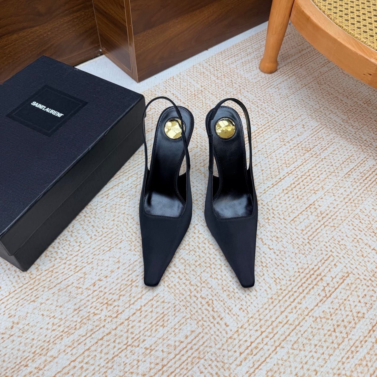 Saint Laurent Goya Slingback Pumps In Satin Crepe Black A0085V9QNAG1000 - Image 6