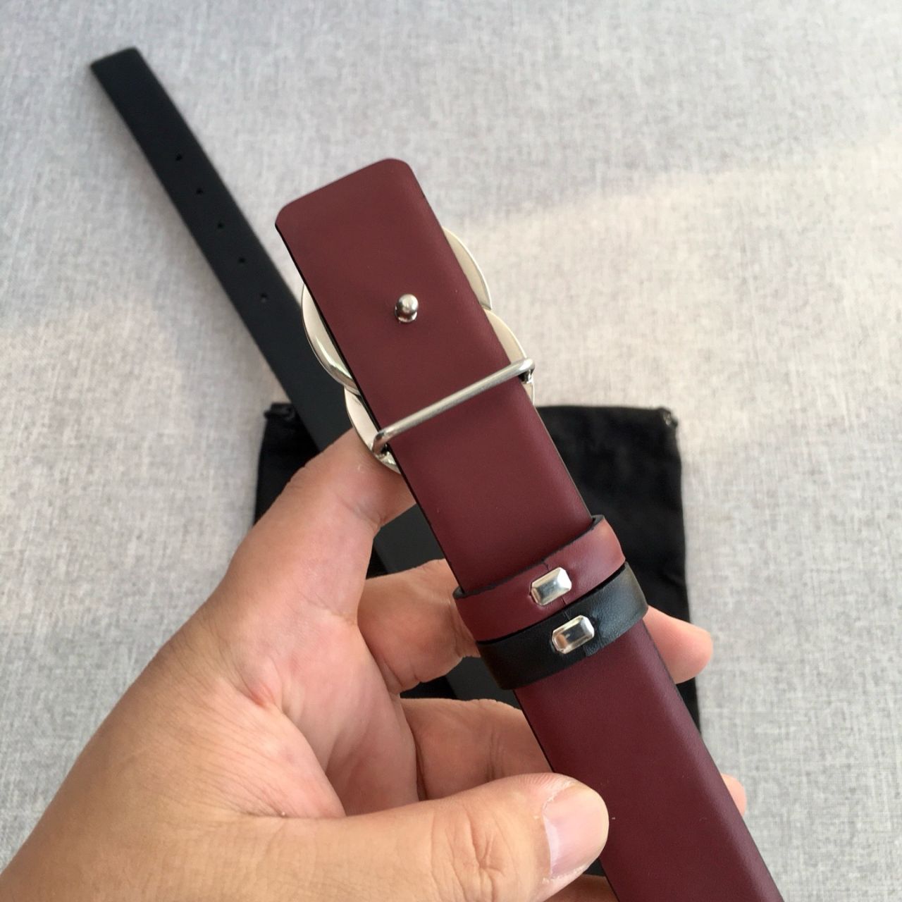 Chanel CC Logo Reversible Leather Belt Black Burgundy Silver Buckle 3Cm - Image 8