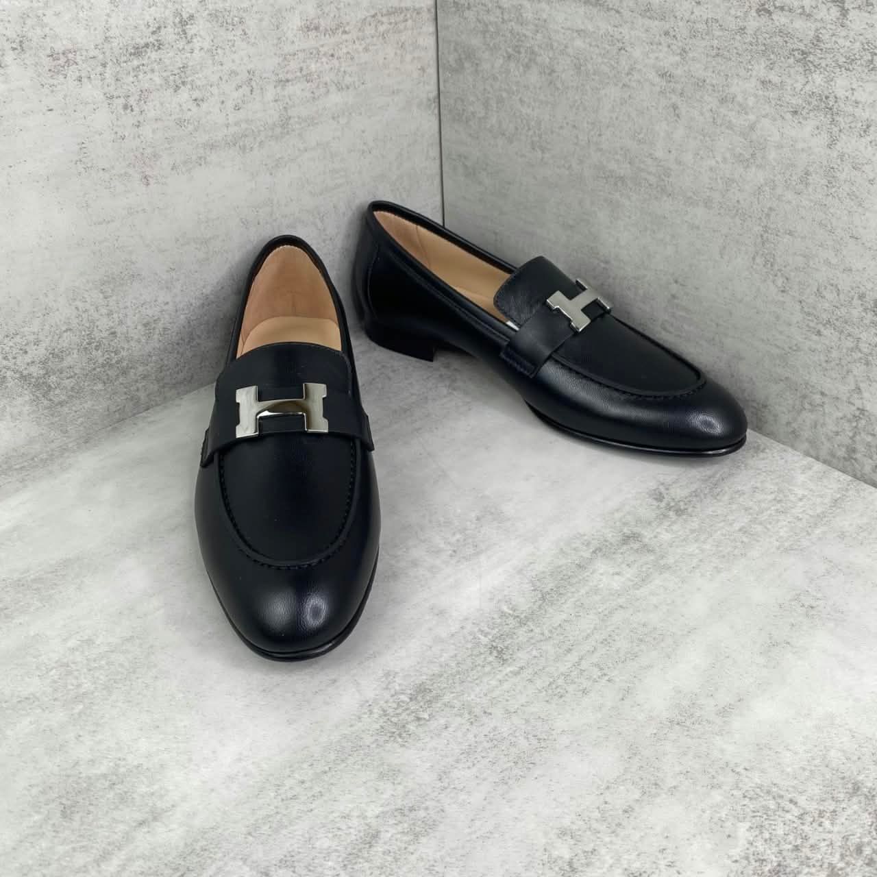 Hermes Paris Loafers H Buckle Black Silver - Image 6