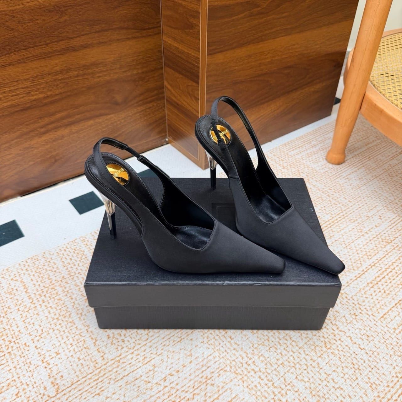 Saint Laurent Goya Slingback Pumps In Satin Crepe Black A0085V9QNAG1000 - Image 5
