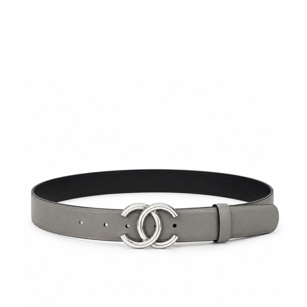 Chanel CC Logo Reversible Leather Belt Gray Black Silver Buckle 3Cm