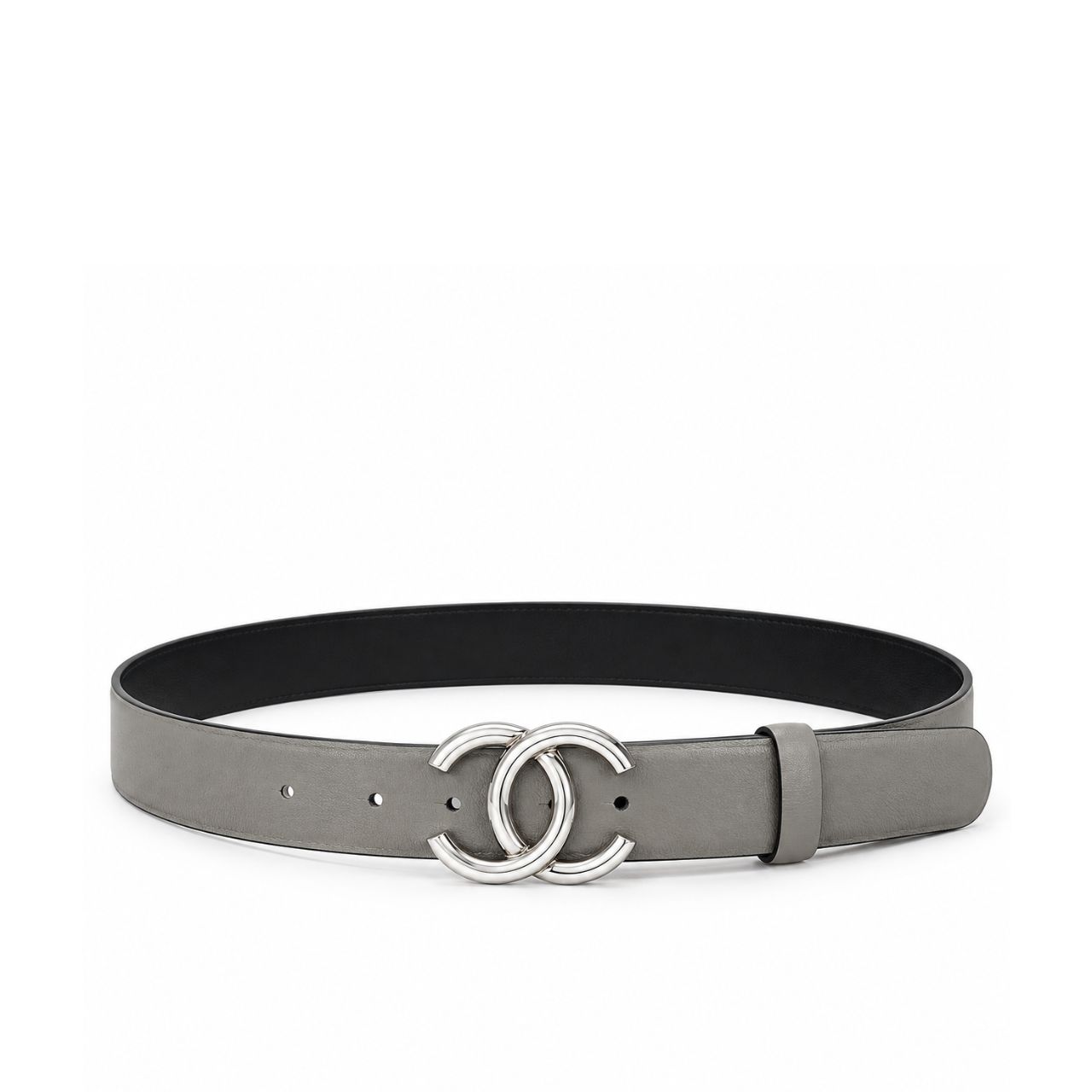 Chanel CC Logo Reversible Leather Belt Gray Black Silver Buckle 3Cm