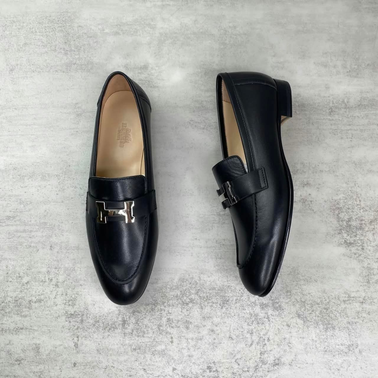 Hermes Paris Loafers H Buckle Black Silver - Image 3